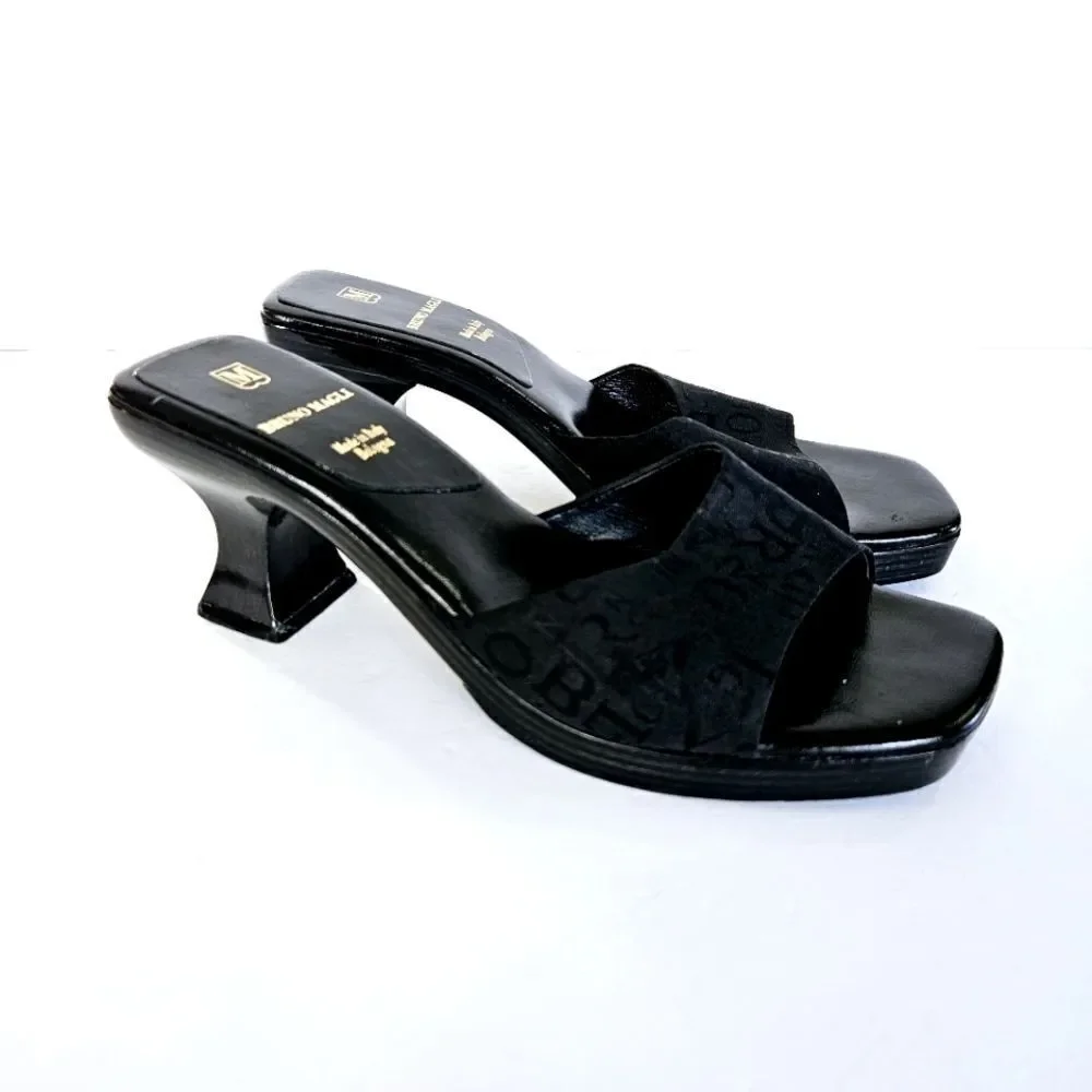 Vintage Bruno Magli Y2K Square Toe Black Monogram Logo Open Toe Sandal Mule 8